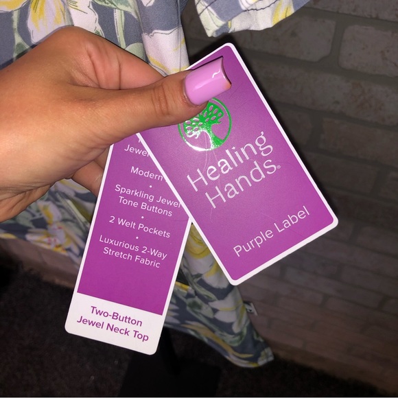 Healing Hands Purple Label Two Button Jewel Neck grey yellow floral scrub top - Picture 7 of 8